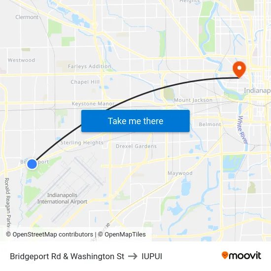 Bridgeport Rd & Washington St to IUPUI map