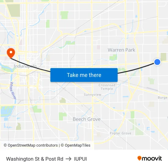 Washington St & Post Rd to IUPUI map