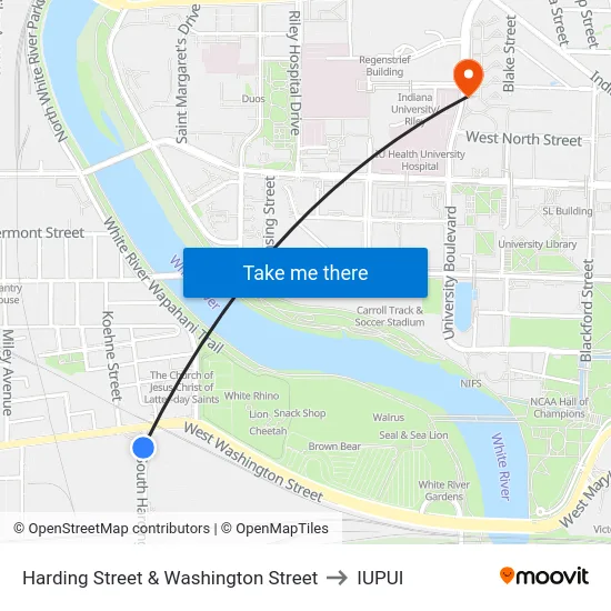 Harding Street & Washington Street to IUPUI map