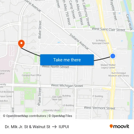 Dr. Mlk Jr. St & Walnut St to IUPUI map
