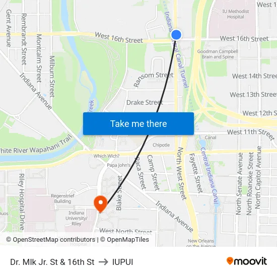 Dr. Mlk Jr. St & 16th St to IUPUI map