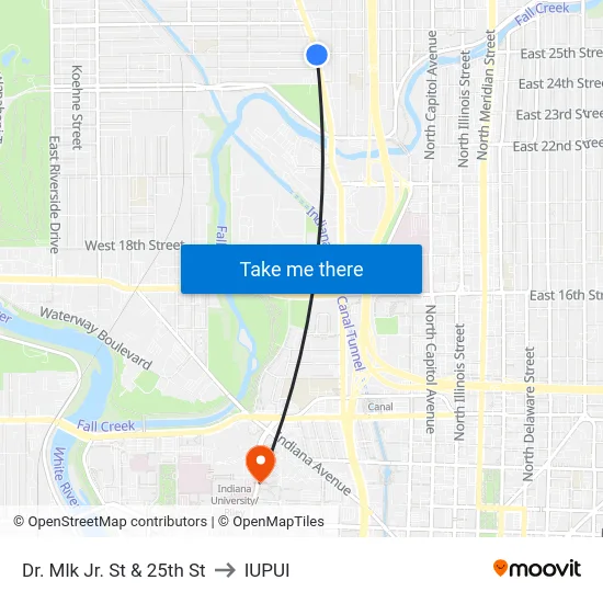Dr. Mlk Jr. St & 25th St to IUPUI map