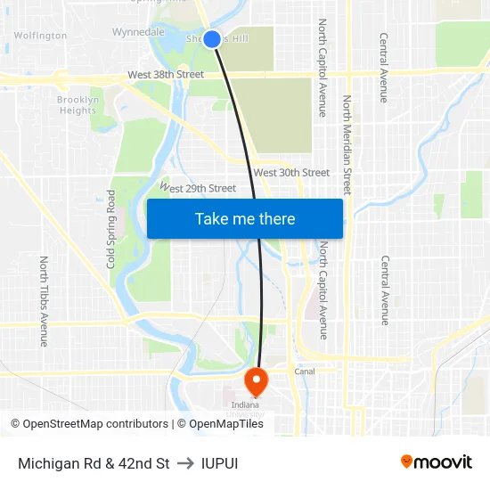 Michigan Rd & 42nd St to IUPUI map