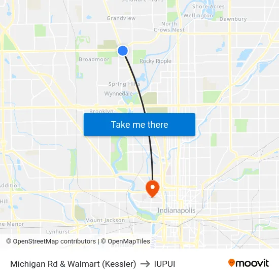 Michigan Rd & Walmart (Kessler) to IUPUI map