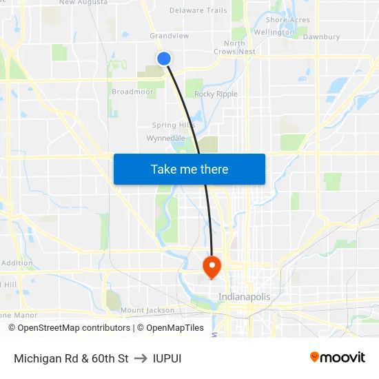Michigan Rd & 60th St to IUPUI map