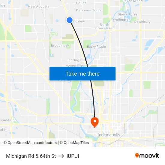 Michigan Rd & 64th St to IUPUI map