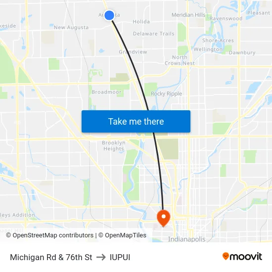 Michigan Rd & 76th St to IUPUI map