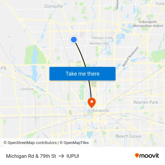 Michigan Rd & 79th St to IUPUI map