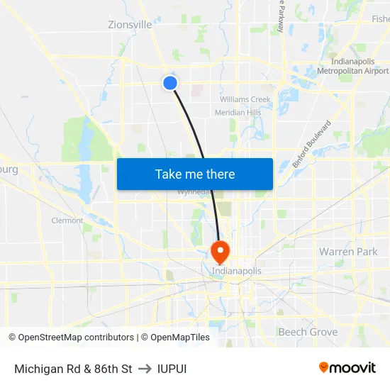 Michigan Rd & 86th St to IUPUI map