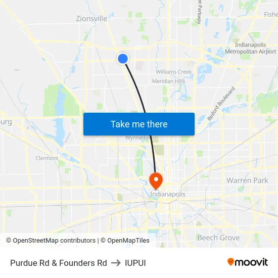 Purdue Rd & Founders Rd to IUPUI map