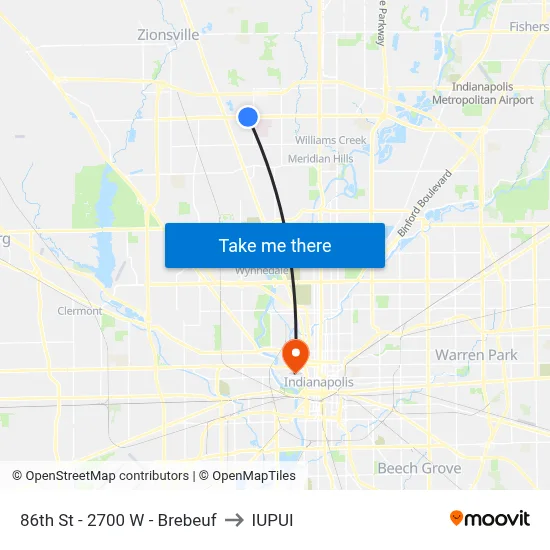 86th St - 2700 W - Brebeuf to IUPUI map