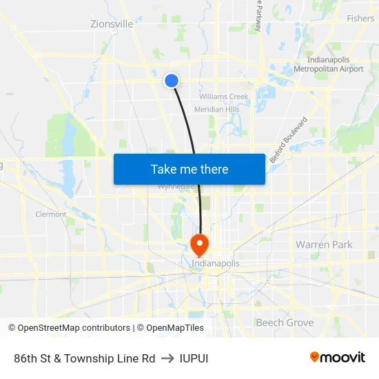 86th St & Township Line Rd to IUPUI map