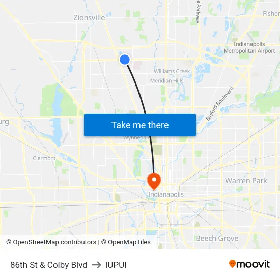 86th St & Colby Blvd to IUPUI map