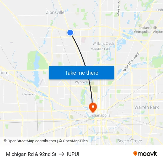Michigan Rd & 92nd St to IUPUI map