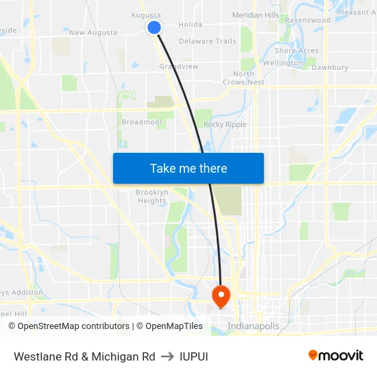 Westlane Rd & Michigan Rd to IUPUI map