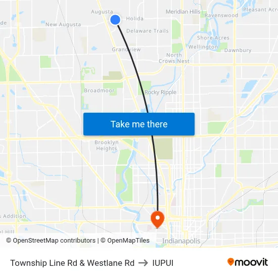 Township Line Rd & Westlane Rd to IUPUI map