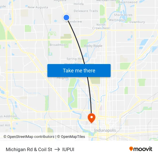 Michigan Rd & Coil St to IUPUI map