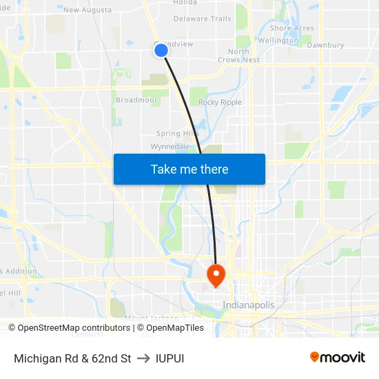 Michigan Rd & 62nd St to IUPUI map