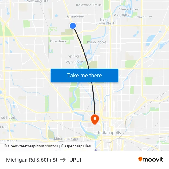 Michigan Rd & 60th St to IUPUI map