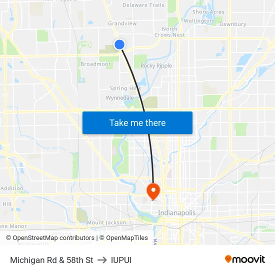 Michigan Rd & 58th St to IUPUI map