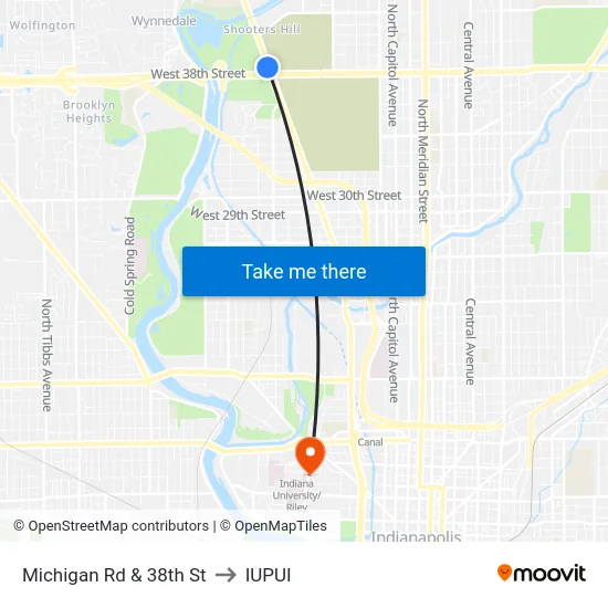 Michigan Rd & 38th St to IUPUI map
