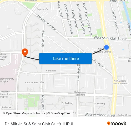Dr. Mlk Jr. St & Saint Clair St to IUPUI map