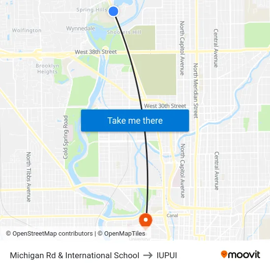 Michigan Rd & International School to IUPUI map