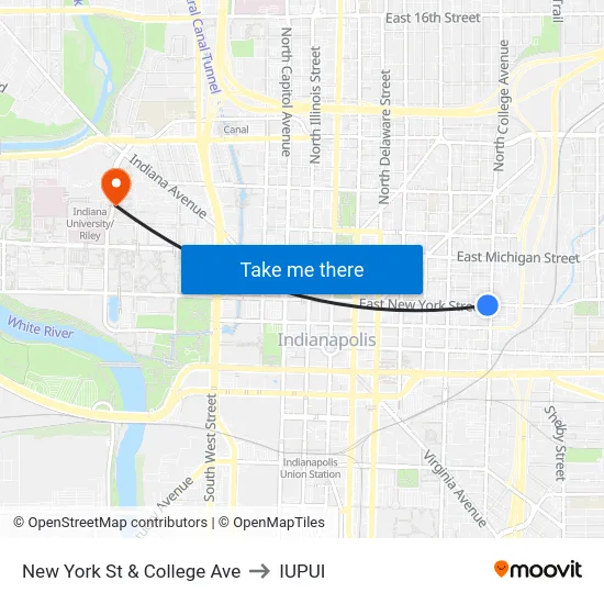 New York St & College Ave to IUPUI map