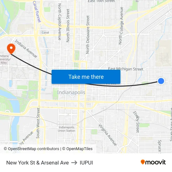 New York St & Arsenal Ave to IUPUI map