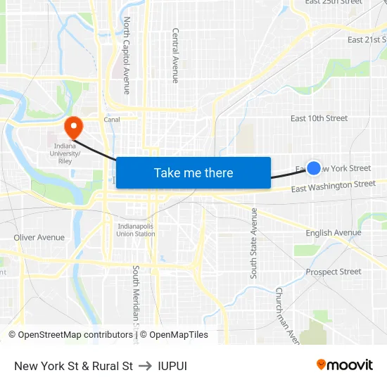 New York St & Rural St to IUPUI map