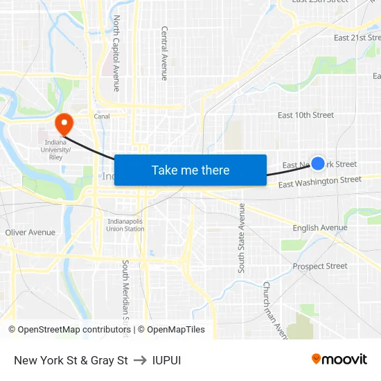 New York St & Gray St to IUPUI map