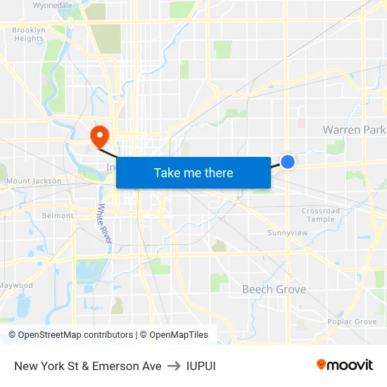 New York St & Emerson Ave to IUPUI map