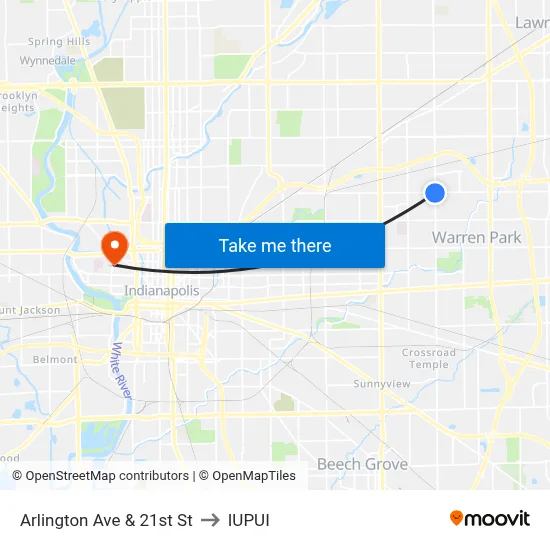 Arlington Ave & 21st St to IUPUI map