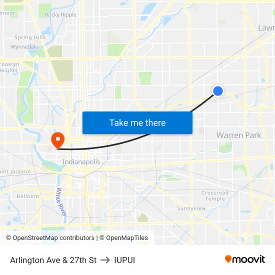 Arlington Ave & 27th St to IUPUI map