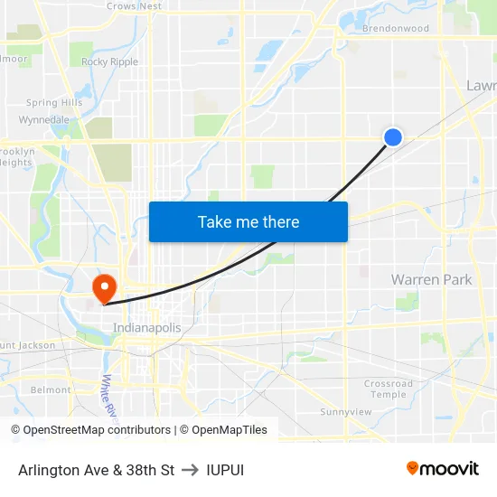 Arlington Ave & 38th St to IUPUI map