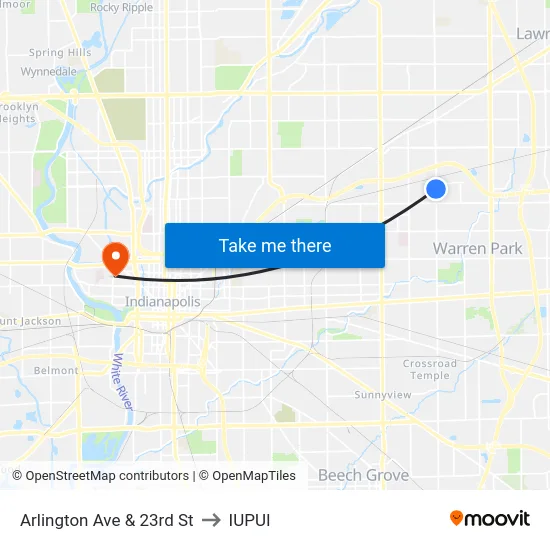 Arlington Ave & 23rd St to IUPUI map