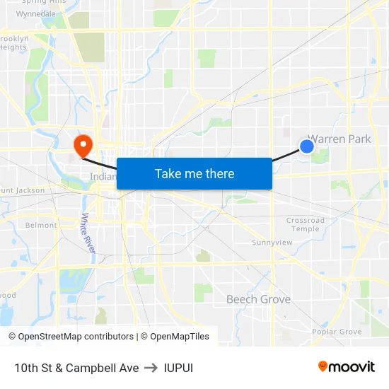 10th St & Campbell Ave to IUPUI map