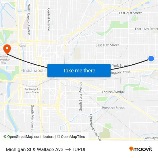 Michigan St & Wallace Ave to IUPUI map