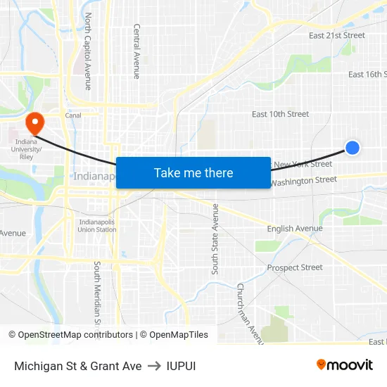 Michigan St & Grant Ave to IUPUI map