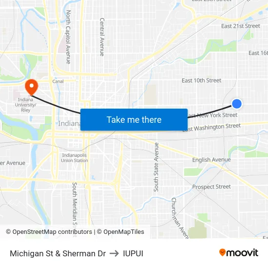 Michigan St & Sherman Dr to IUPUI map