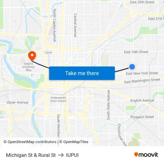 Michigan St & Rural St to IUPUI map