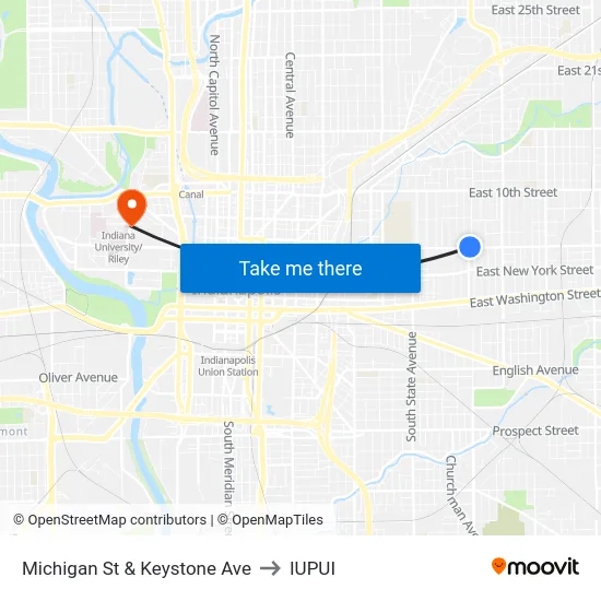 Michigan St & Keystone Ave to IUPUI map