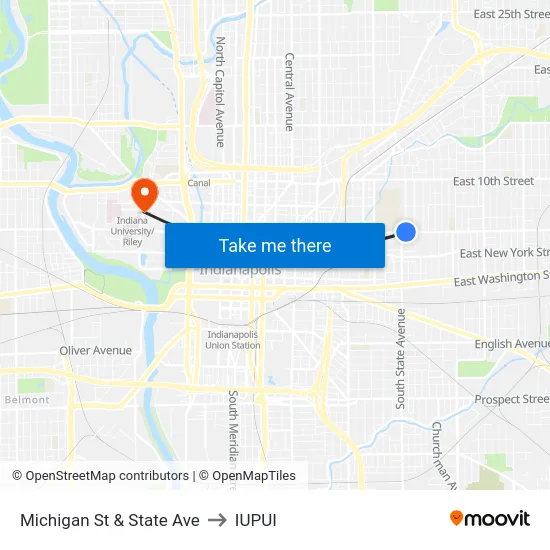Michigan St & State Ave to IUPUI map