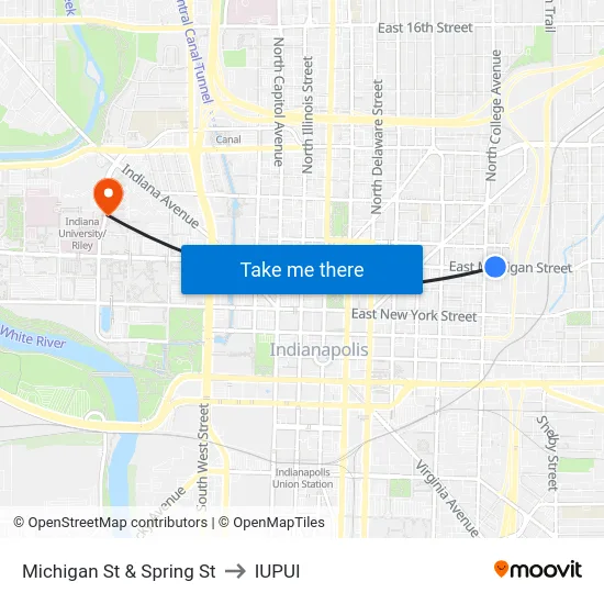Michigan St & Spring St to IUPUI map