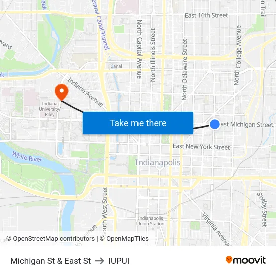 Michigan St & East St to IUPUI map