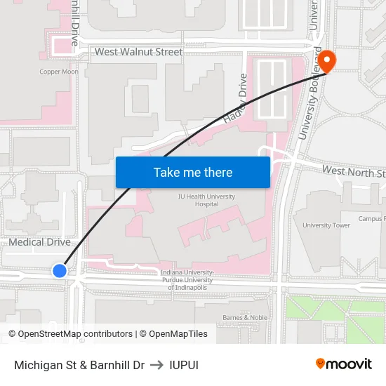Michigan St & Barnhill Dr to IUPUI map