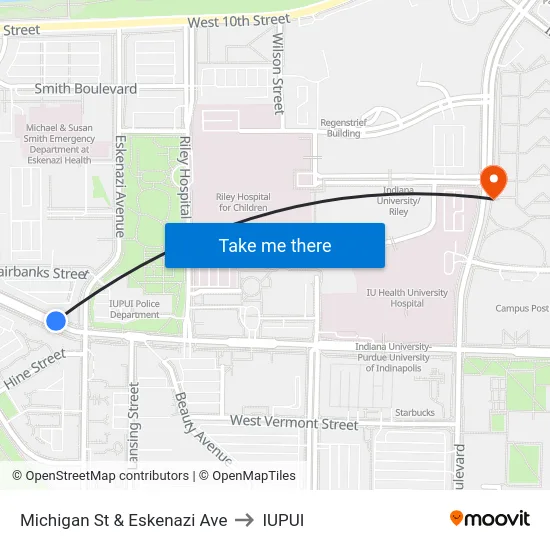 Michigan St & Eskenazi Ave to IUPUI map