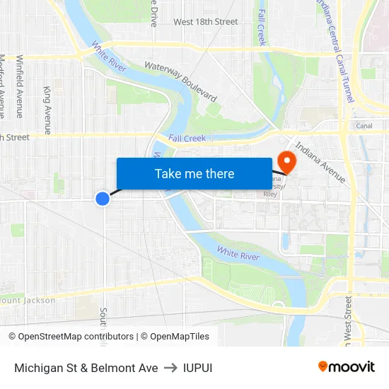 Michigan St & Belmont Ave to IUPUI map