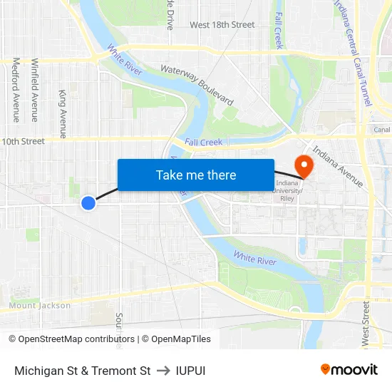 Michigan St & Tremont St to IUPUI map