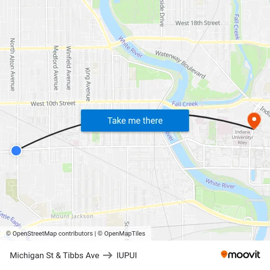 Michigan St & Tibbs Ave to IUPUI map